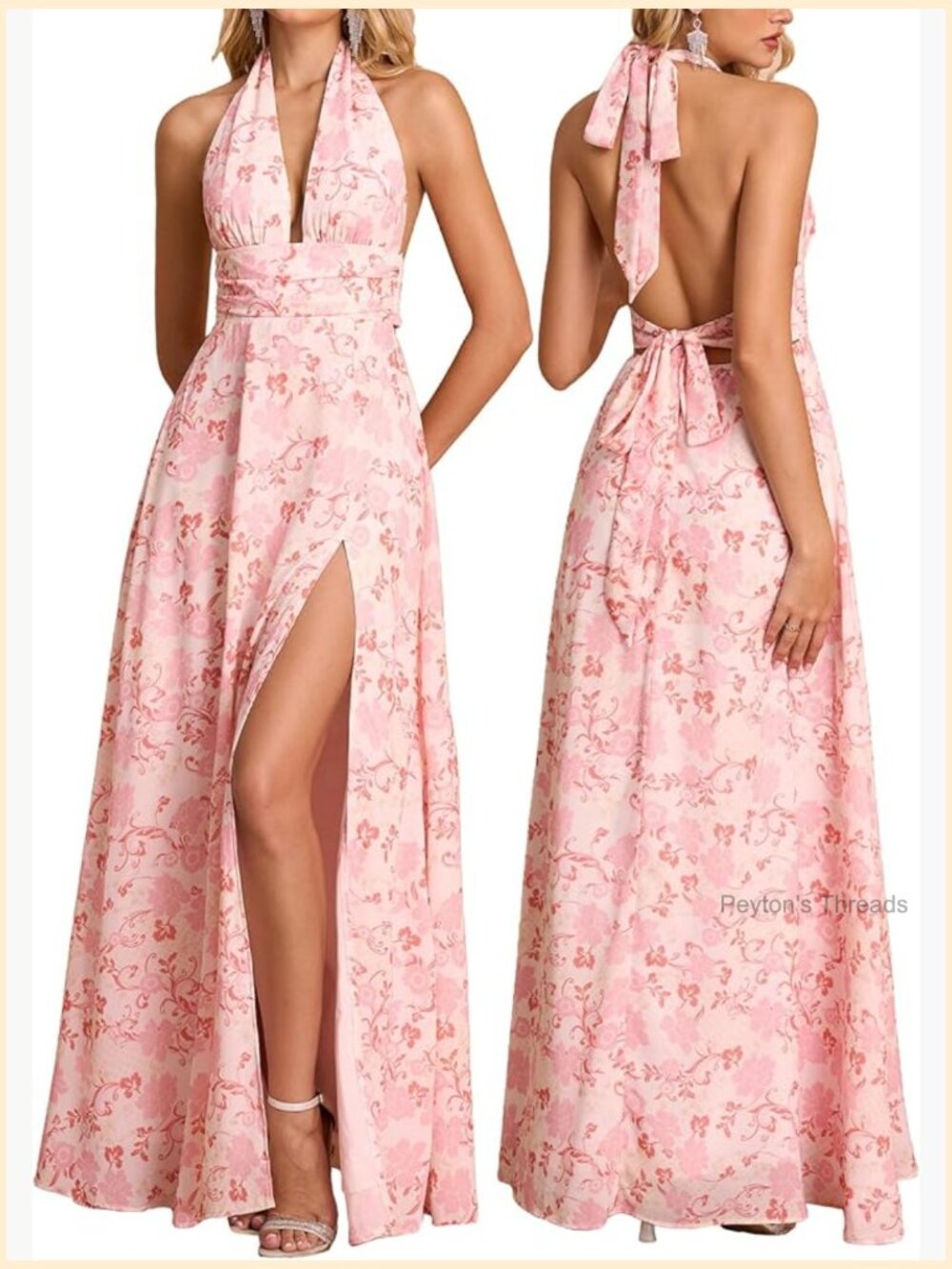 Elegant Halter V Neck Maxi Dress with Side Slit - Formal Evening Gown - Picture 1 of 7